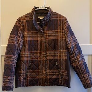 Brown plaid Coldwater Creek size 10–12 snap and hidden zip jacket w/zip pockets.
